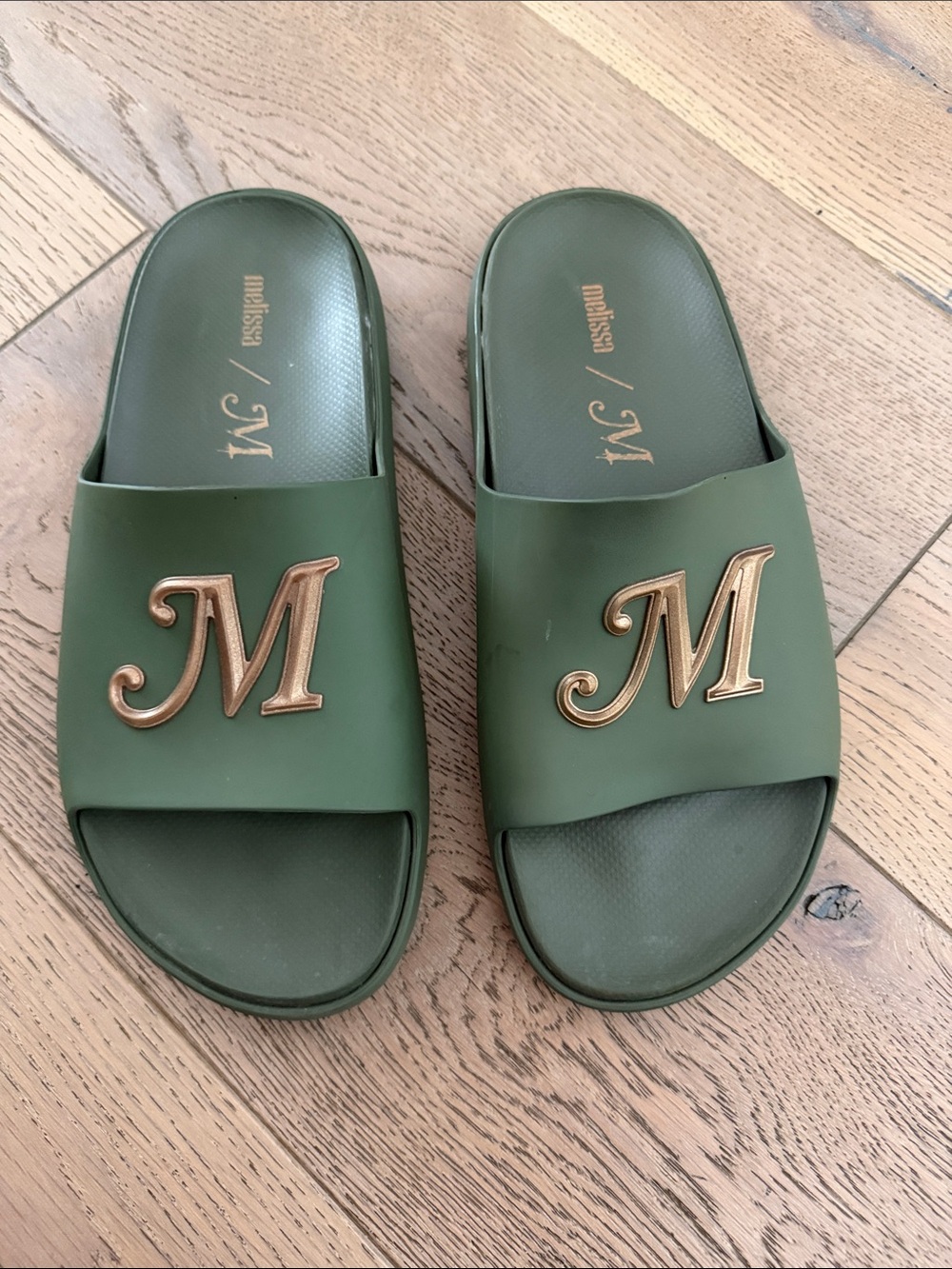Melissa Olive Green Slide Sandals with Gold 'M' Emblem